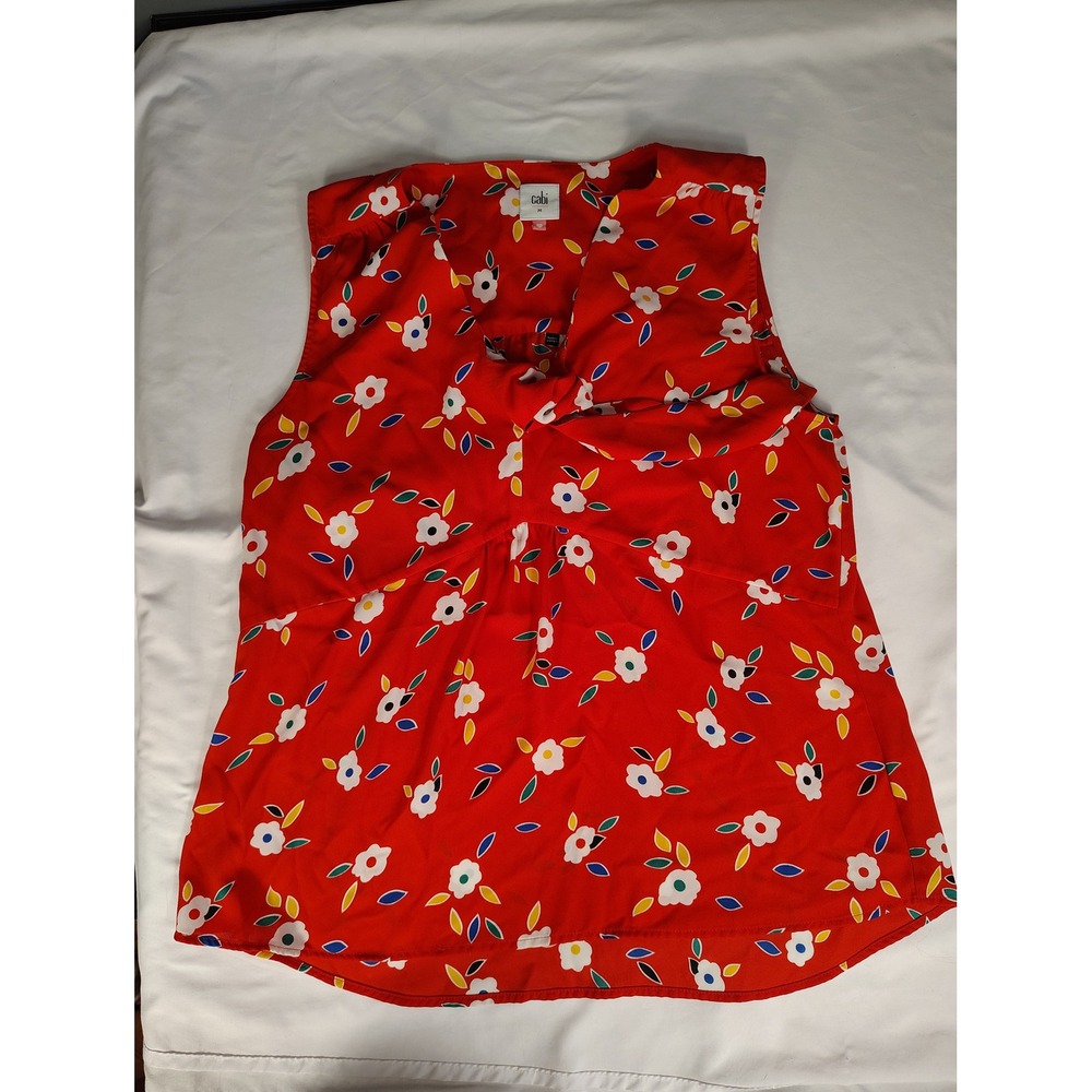 Cabi 5734 Red Floral Sleeveless Tie Neck Blouse Womens Medium Daisy Print Top